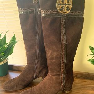 Tory Burch Brown Suede Embrossed Leather Boots